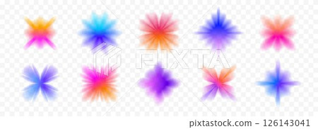 Colorful blurred gradient flowers and stars collection. Bright blur aura shapes set. Fading abstract elements for poster, template, badge, sticker, collage. Vector iridescent smooth form flower pack 126143041