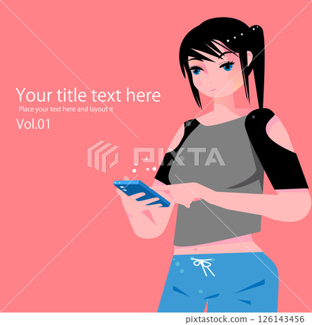 Flat illustration of a cute woman talking on a smartphone, background is pink Flat illustration of a cute woman talking on a smartphone, background is pink 126143456