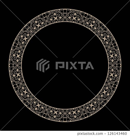 Oriental vector gold round pattern with arabesques and floral elements. Traditional classic ornament. Round ornamental frame, Luxury frame, Arabic, Andalusian, Oriental, Arabesque styles. Plate frame 126143460