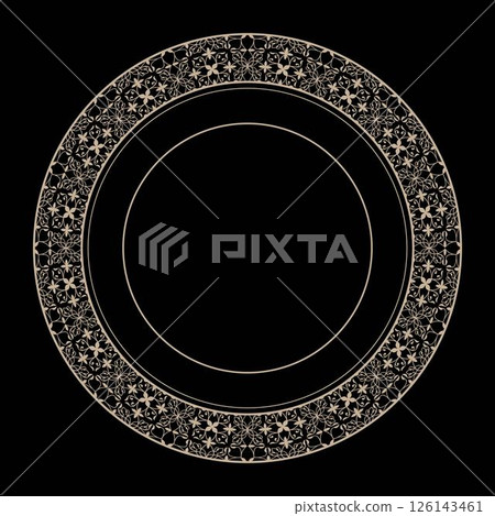 Decorative round frame with arabesques. Luxury gold round frame. Elegant element in Eastern style. Floral golden border. Lace illustration for round surfaces, textiles, embroidery, porcelain, ceramic 126143461