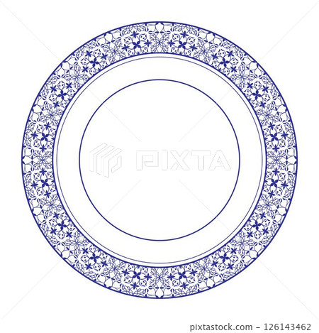 Decorative round frame with arabesques. Blue white plate with lace design. Vintage, ethnic vector frame with arabesques. EPS. Pattern frame for round surfaces, household utensils, textiles, embroidery 126143462
