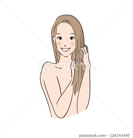 A woman with long hair carefully taking care of her hair 126143497
