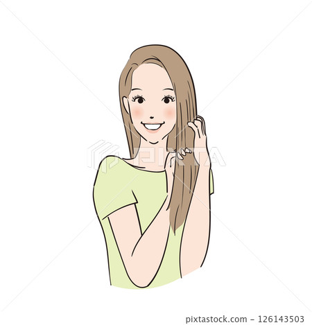 A woman with long hair carefully taking care of her hair A woman with long hair carefully taking care of her hair 126143503