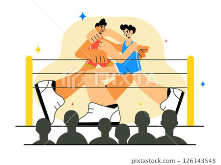 Wrestling Vector Illustration Featuring Two Fighters in a Championship Match or Boxing Competition Inside an Arena with Flat Style Cartoon Background 126143548