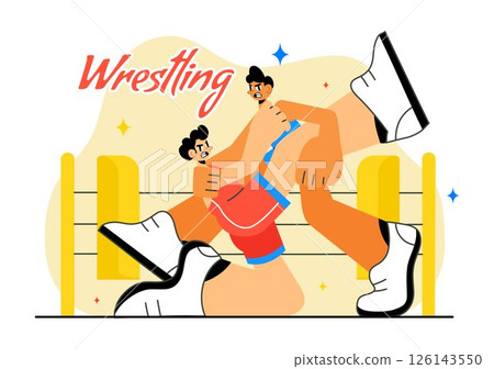 Wrestling Vector Illustration Featuring Two Fighters in a Championship Match or Boxing Competition Inside an Arena with Flat Style Cartoon Background 126143550