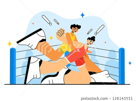 Wrestling Vector Illustration Featuring Two Fighters in a Championship Match or Boxing Competition Inside an Arena with Flat Style Cartoon Background 126143551