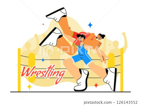 Wrestling Vector Illustration Featuring Two Fighters in a Championship Match or Boxing Competition Inside an Arena with Flat Style Cartoon Background 126143552