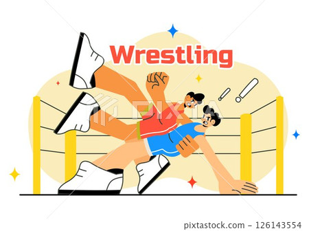 Wrestling Vector Illustration Featuring Two Fighters in a Championship Match or Boxing Competition Inside an Arena with Flat Style Cartoon Background 126143554