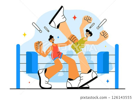 Wrestling Vector Illustration Featuring Two Fighters in a Championship Match or Boxing Competition Inside an Arena with Flat Style Cartoon Background Wrestling Vector Illustration Featuring Two Fighters in a Championship Match or Boxing Competition Inside an Arena with Flat Style Cartoon Background 126143555