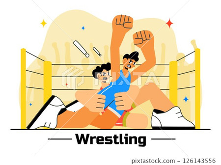 Wrestling Vector Illustration Featuring Two Fighters in a Championship Match or Boxing Competition Inside an Arena with Flat Style Cartoon Background 126143556