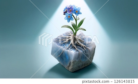 Blue flowers growing from luminous crystal block 126143815