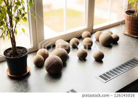 Beautiful Natural Decorative Objects on a Windowsill with Indoor Plants for Aesthetic Appeal Beautiful Natural Decorative Objects on a Windowsill with Indoor Plants for Aesthetic Appeal 126143816