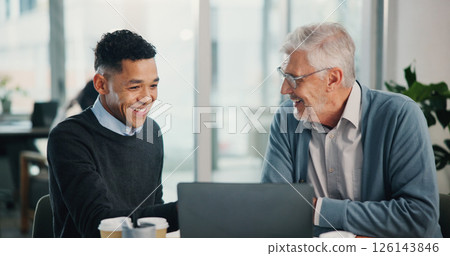 Office, senior man and happy financial advisor with laptop, retirement fund or pension info in conversation. Elderly client, smile and people in meeting planning for future and income with consultant 126143846