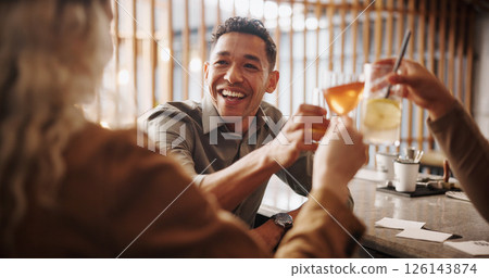 Restaurant, cocktails and friends with drink toast for social gathering, event and party. Bar, cheers and group of men and women with alcoholic beverage for holiday, celebration and weekend fun Restaurant, cocktails and friends with drink toast for social gathering, event and party. Bar, cheers and group of men and women with alcoholic beverage for holiday, celebration and weekend fun 126143874
