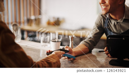 Restaurant, hands and machine with smartphone for payment, contactless transaction and smile. Coffee shop, cashier and customer with terminal for mobile, purchase and finance for hospitality service 126143921