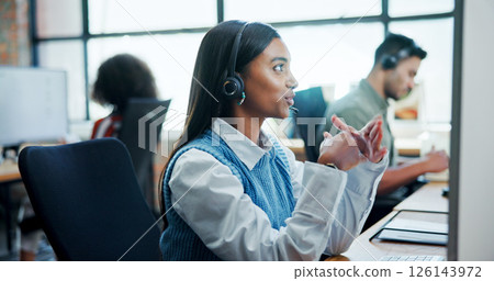 Computer, video call and woman with headset, talking and communication for lead generation and sales. Business, agent and person with tech for telemarketing, consultation and friendly for services 126143972