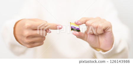 International Non Binary People July Day and Happy Pride June month and LGBTQIA with flag Brooch pin for LGBTQ, Marriage Equality Law, Pansexual, Demisexual and transgender 126143986