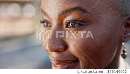 Black woman, face and eyes with thinking for vision, optometry or wellness with contact lenses for eyesight. Future, closeup and female person with optical solution, eyecare and ophthalmology space 126144022