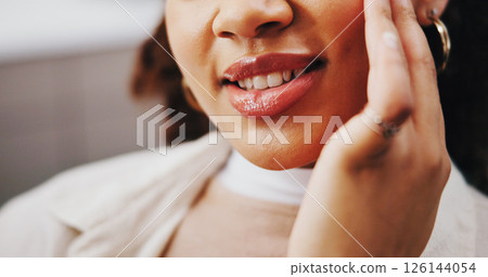 Hands, person and toothache in dentist chair for oral assessment with cavity, pain and touch at clinic. Mouth, patient and dental care services for teeth, decay or extraction for wellness at hospital 126144054