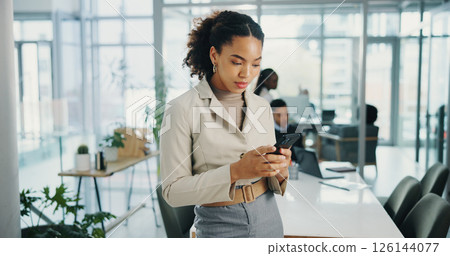 Woman, phone and texting at meeting in office with contact, review and check notification at finance agency. Person, click and smartphone with mobile app, typing and social media on break at company 126144077