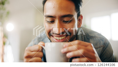 Home, man and smile with coffee for aroma, soothing sensation and comfortable with espresso. House, male person and chilling with smell for warm drink, cappuccino and happy for caffeine in apartment Home, man and smile with coffee for aroma, soothing sensation and comfortable with espresso. House, male person and chilling with smell for warm drink, cappuccino and happy for caffeine in apartment 126144106