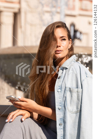 Woman Denim Jacket Phone City Street Fashion 126144132