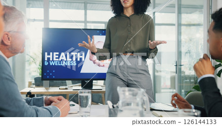 Presentation, health and wellness with screen at office, hands or talk with advice, info or pitch. Person, speaker and audience with monitor, discussion and employee wellbeing in boardroom at agency 126144133