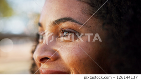 Woman, face and eyes for vision in city, inspiration or solution with ideas, thinking or mindset. Reflection, memory and remember with closeup for perspective, future and contemplating outdoor Woman, face and eyes for vision in city, inspiration or solution with ideas, thinking or mindset. Reflection, memory and remember with closeup for perspective, future and contemplating outdoor 126144137