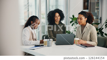 Planning, meeting or business women with laptop for feedback, collaboration or investment. Teamwork, technology or financial advisors talking for project research, budget growth or risk management 126144154