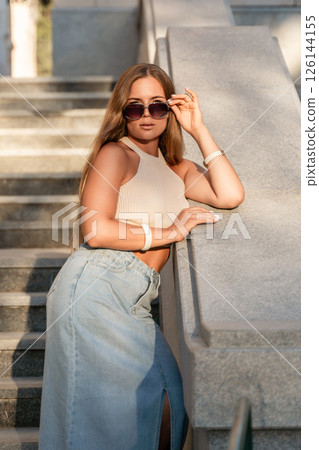 Woman Sunglasses Fashionable Posing Stairs Sunlight Outdoor 126144155