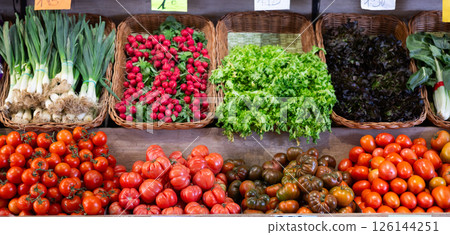 Fresh vegetables on display at vegetable shop Fresh vegetables on display at vegetable shop 126144251