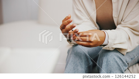 Mental health, hands and patient with anxiety, therapy and stress for sharing of trauma and counselling. Psychology, person and nervous for evaluation in clinic, space and consultation for grief 126144252