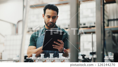 Distillery, tablet and man in factory for checklist for alcohol production, manufacturing or distribution. Brewery, inspection and person on digital tech for fermentation, quality control and storage 126144270