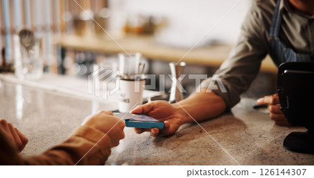 Restaurant, hands and machine with credit card for payment, contactless transaction and closeup. Coffee shop, cashier and customer with terminal for debit, purchase or finance for hospitality service 126144307
