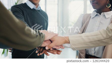Hands, stack and business people with partnership teamwork and support with company growth. Employees, cooperation and group with gesture, celebration and achievement with goals, meeting and target 126144420