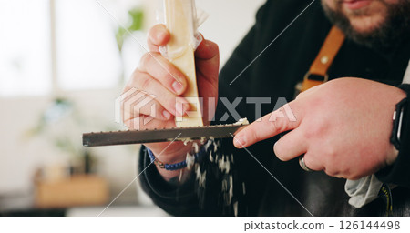 Cooking, cheese and hands of man with grater in house kitchen for diet, private service or nutrition. Ingredients, food recipe or personal chef with parmesan for gourmet cuisine, hospitality or lunch Cooking, cheese and hands of man with grater in house kitchen for diet, private service or nutrition. Ingredients, food recipe or personal chef with parmesan for gourmet cuisine, hospitality or lunch 126144498