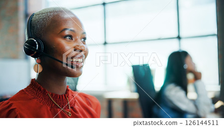 Call center, consultant and woman with headset, telemarketing and lead generation, smile and talking. Communication, agent and person with tech for sales, consultation and friendly for services 126144511