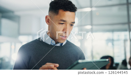 Business man, tablet and typing at meeting for notes, agenda or review for deal at company. Person, digital touchscreen and insight with application for research, info and feedback at finance agency 126144545