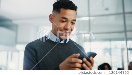 Business man, phone and happy at meeting, texting and scroll with low angle for deal at company. Person, smartphone and smile with mobile app for contact, lead and proposal at financial agency Business man, phone and happy at meeting, texting and scroll with low angle for deal at company. Person, smartphone and smile with mobile app for contact, lead and proposal at financial agency 126144563