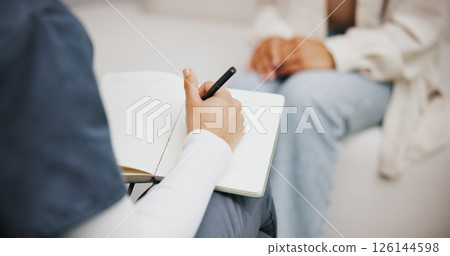 Psychologist, writing and patient with anxiety, appointment and help for sharing of trauma and counselling. Psychology, therapist and notes for evaluation in clinic, people and consultation for grief 126144598