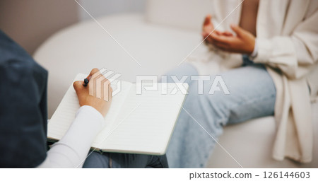 Psychologist, writing and patient with anxiety, hands and help for sharing of trauma and counselling. Appointment, therapist and notes for evaluation in clinic, people and consultation for grief 126144603