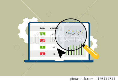 SEO ranking tool interface with keyword tracking dashboard, search engine rank tracker, monitoring keyword positions, ranking performance analysis and search report vector illustration 126144711