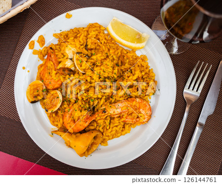 Traditional spanish dish paella with seafood 126144761