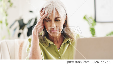 Worry, stress and laptop with old woman at home for retirement fund savings, life insurance payment and anxiety. Tax audit, bankruptcy and loan interest with senior person in apartment for debt Worry, stress and laptop with old woman at home for retirement fund savings, life insurance payment and anxiety. Tax audit, bankruptcy and loan interest with senior person in apartment for debt 126144762