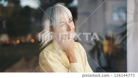 Senior woman, smile and thinking at window with retirement planning, glass reflection and remember memory. Vision, old person or thoughtful in home with wondering, perspective and insight on decision Senior woman, smile and thinking at window with retirement planning, glass reflection and remember memory. Vision, old person or thoughtful in home with wondering, perspective and insight on decision 126144773