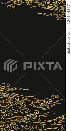 抽象的深色插圖垂直橫幅，帶有金色火熱的日本波浪和黑色背景上的筆觸。傳統的海洋、河流和漩渦 126144897