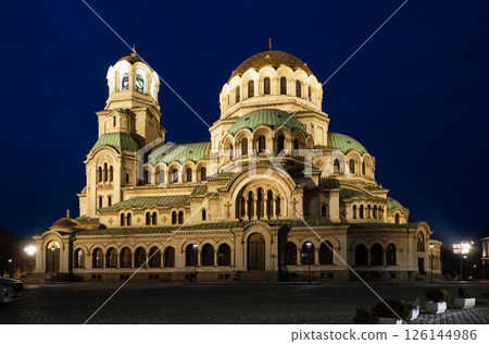 Majestic cathedral with evening illumination against the night sky 126144986