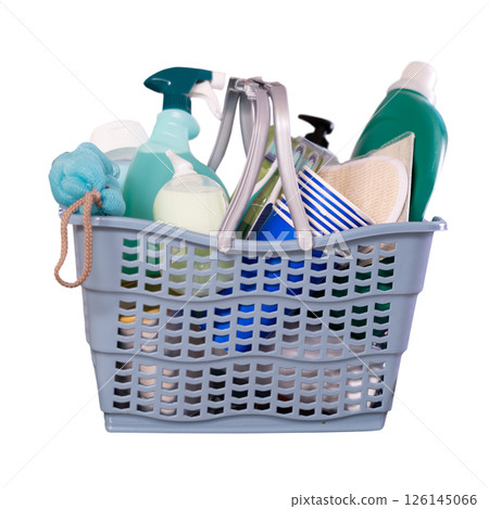 Shopping cart is filled with household chemicals against background of display cases 126145066