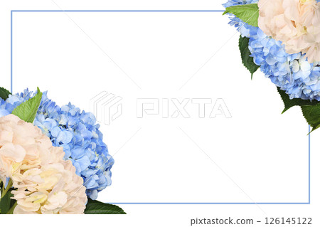 Blue and cream hydrangea flowers in corner floral arrangements with frame isolated on white 126145122