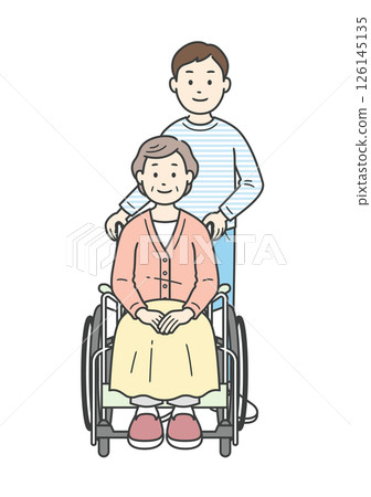 一名年輕人協助坐在輪椅上的女性老人的插圖集 126145135